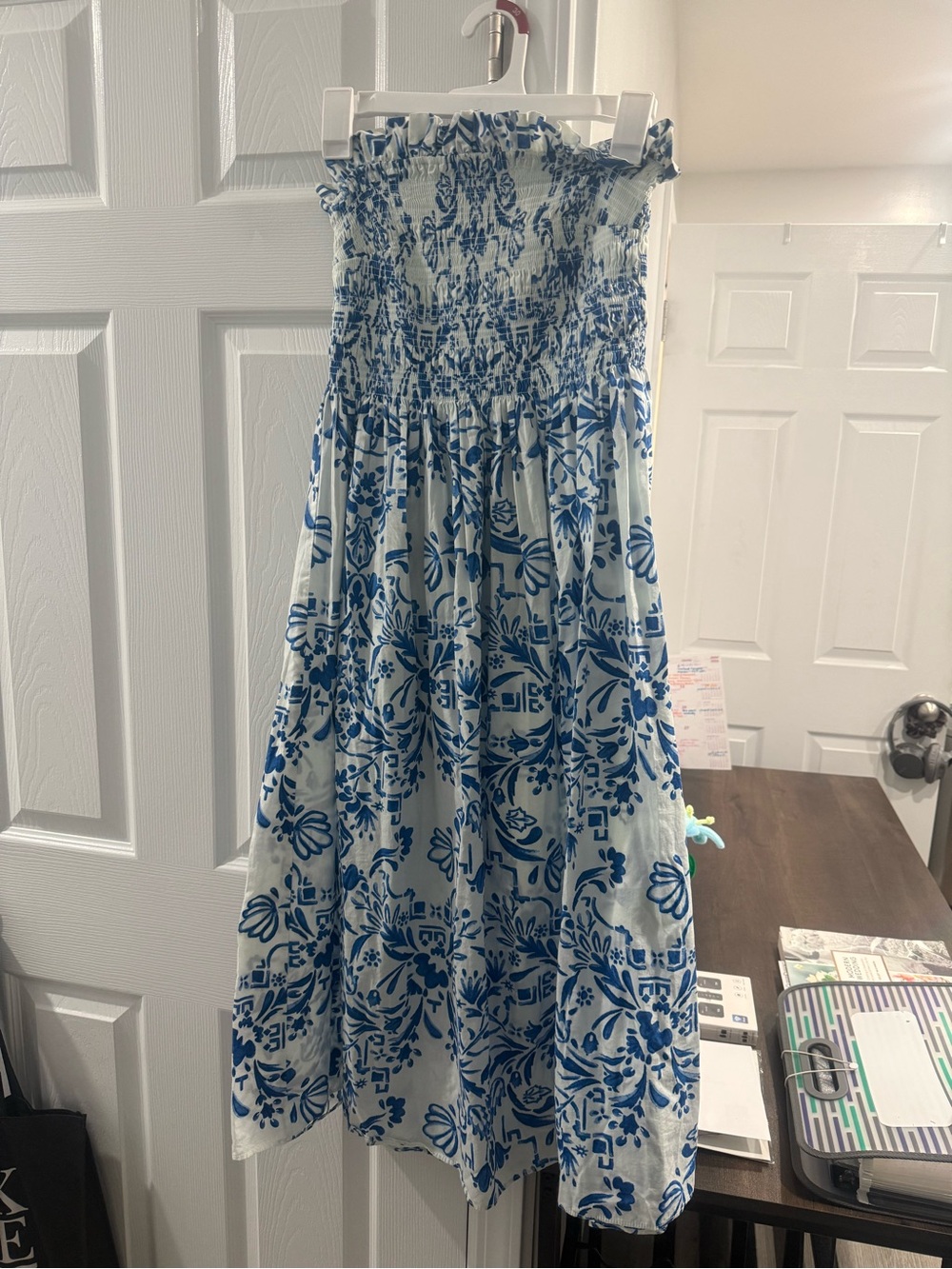 H&M Blue and White Floral Smocked Midi Dress